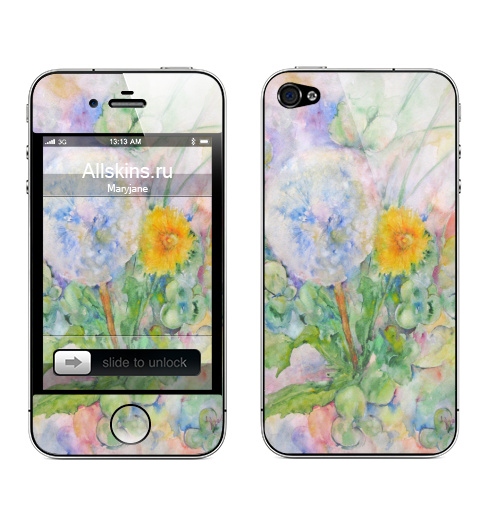 Наклейка на Телефон Apple iPhone 4S, 4 Одуванчики. Отец и сын,  купить в Москве – интернет-магазин Allskins, цветы, акварель, природа, одуванчик, нежно, яркий, добрый, живопись