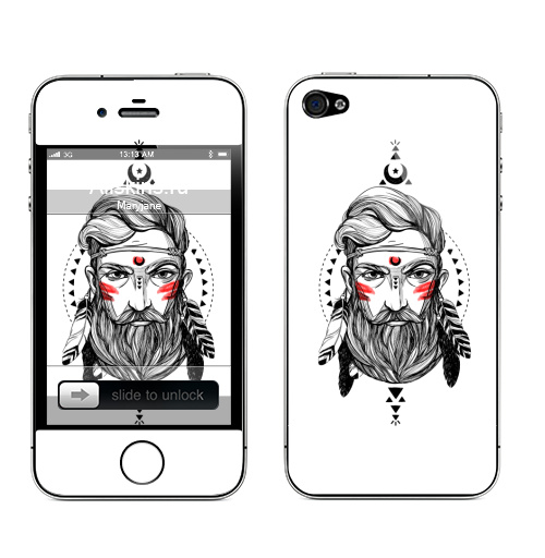 Наклейка на Телефон Apple iPhone 4S, 4 Шаман с бородой в этническом стиле.,  купить в Москве – интернет-магазин Allskins, черно-белое, треугольник, магия, этно, перья, индеец