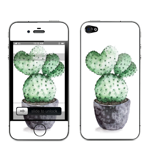 Наклейка на Телефон Apple iPhone 4S, 4 Кактус в горшочке,  купить в Москве – интернет-магазин Allskins, кактусы, растение, зеленый, колючки, Мексика, акварель