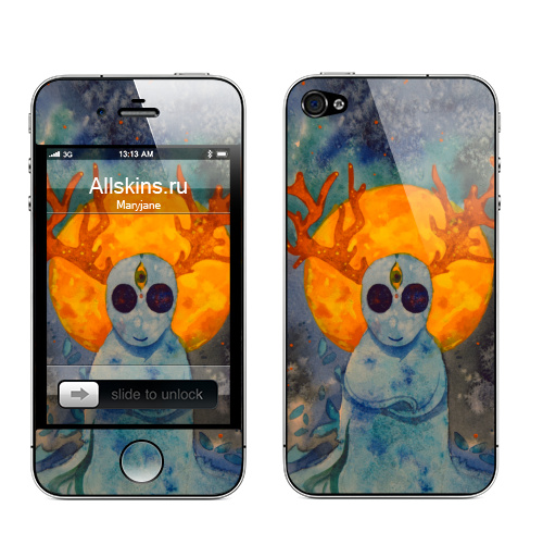 Наклейка на Телефон Apple iPhone 4S, 4 Дух,  купить в Москве – интернет-магазин Allskins, дух, привидение, олень, призрак, луна, желтое, голубой, космос, звезда