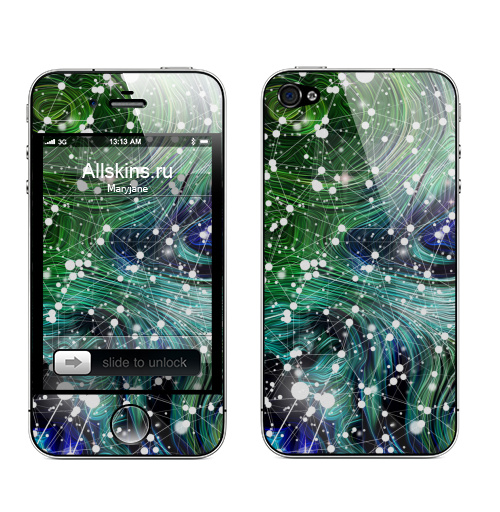 Наклейка на Телефон Apple iPhone 4S, 4 Обитаемый космос. Созвездия.,  купить в Москве – интернет-магазин Allskins, синий, зеленый, абстракция, пейзаж, лантшафт, космический, созвездие, звезда, космос