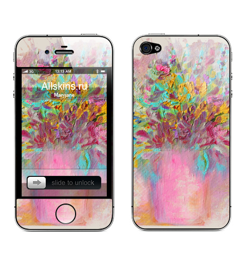 Наклейка на Телефон Apple iPhone 4S, 4 Цветы маслом,  купить в Москве – интернет-магазин Allskins, розовый, бирюзовый, авторская, живопись, яркий, краски, масляные, цветы