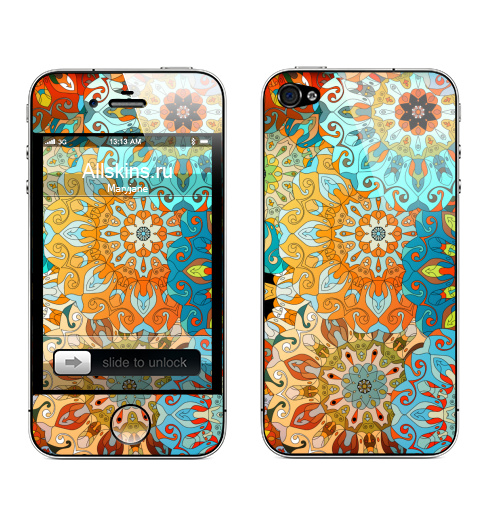 Наклейка на Телефон Apple iPhone 4S, 4 Солнечная мандала,  купить в Москве – интернет-магазин Allskins, яркий, мандала, индийский, восточный, оранжевый, паттерн, синий, голубой, сияющий