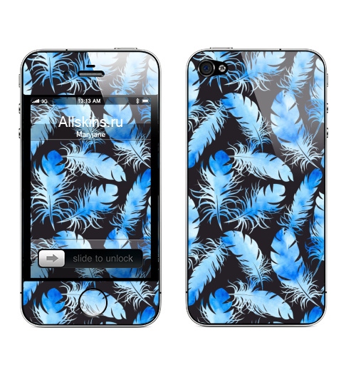 Наклейка на Телефон Apple iPhone 4S, 4 Лазурные перья,  купить в Москве – интернет-магазин Allskins, перья, птичий, акварель, текстура, краски, ручной, голубой, лазурный, пух