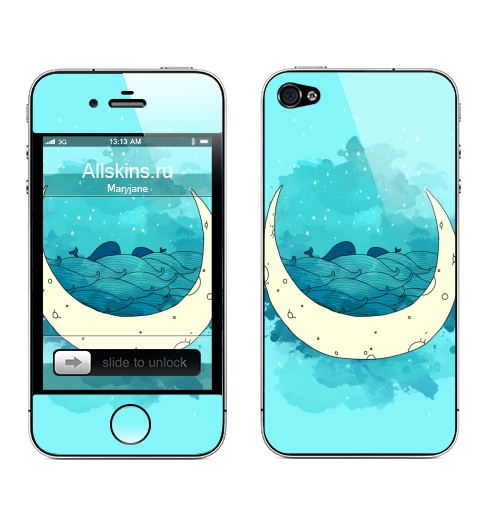 Наклейка на Телефон Apple iPhone 4S, 4 Лунные киты ,  купить в Москве – интернет-магазин Allskins, луна, месяц, киты, волны, морская, звезда