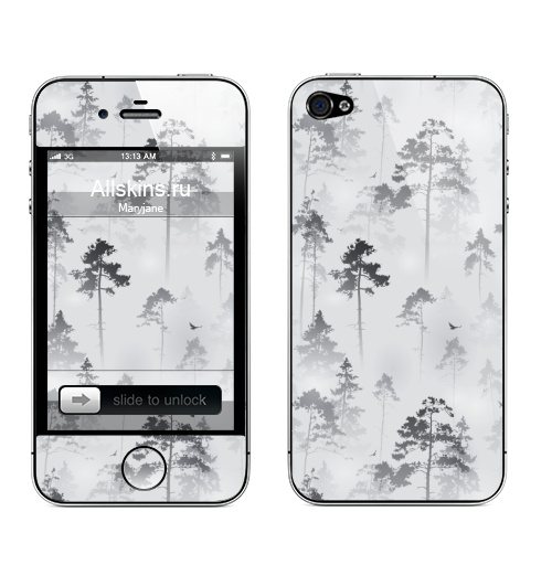 Наклейка на Телефон Apple iPhone 4S, 4 Лес. туман,  купить в Москве – интернет-магазин Allskins, туман, лес, природа, птицы, сосны