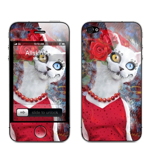 Наклейка на Телефон Apple iPhone 4S, 4 Белая кошка ко дню мертвых,  купить в Москве – интернет-магазин Allskins, киса, кошка, Мексика, мертвых, день, глаз, хэллоуин