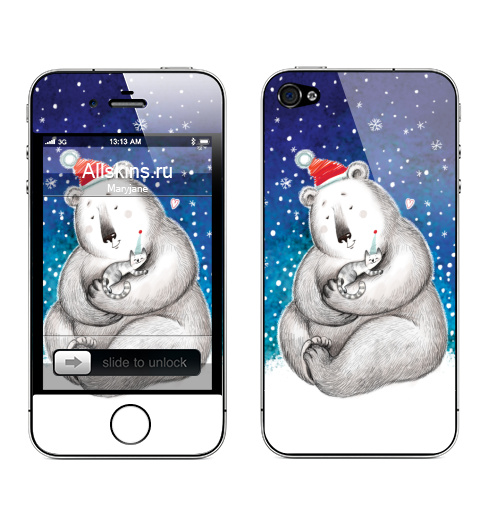 Наклейка на Телефон Apple iPhone 4S, 4 Тёплые обнимашки,  купить в Москве – интернет-магазин Allskins, медведь, кошка, мило, снег, новый год, любовь, дружба