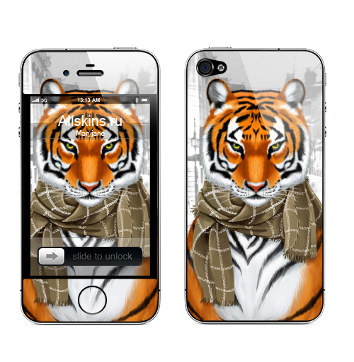 Наклейка на Телефон Apple iPhone 4S, 4 Тигр в городе,  купить в Москве – интернет-магазин Allskins, милые животные, животные, тигры