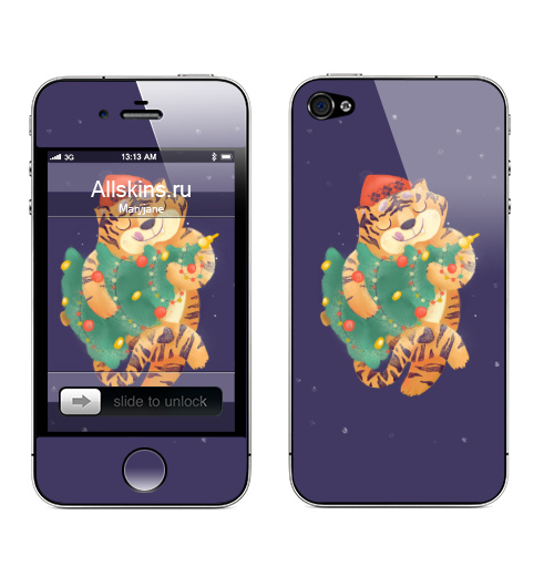 Наклейка на Телефон Apple iPhone 4S, 4 Новогодний Тигра,  купить в Москве – интернет-магазин Allskins, зима, веселый, веселье, пикник, звезда, тигра, оранжевый, новый год, тигры