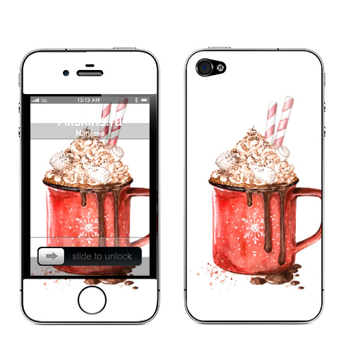 Наклейка на Телефон Apple iPhone 4S, 4 Зимний напиток,  купить в Москве – интернет-магазин Allskins, красный, снег, сладости, напиток, вкусняшки, зима, какао, чай и кофе