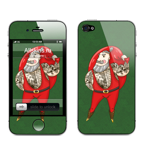 Наклейка на Телефон Apple iPhone 4S, 4 Модный Санта,  купить в Москве – интернет-магазин Allskins, хипстер, дед мороз, секс, татуировки, новый год, дед, мода, зеленый, красный, круто