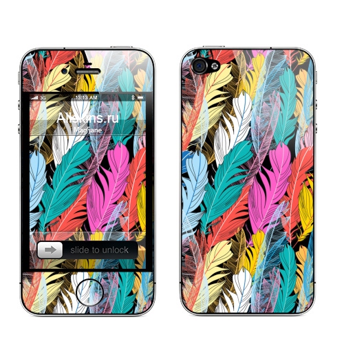 Наклейка на Телефон Apple iPhone 4S, 4 Разноцветные графические перья,  купить в Москве – интернет-магазин Allskins, узор, пикник, яркий, радость, чудо, перья, птицы