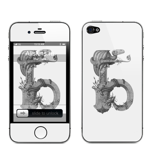 Наклейка на Телефон Apple iPhone 4S, 4 Драконобуква Б,  купить в Москве – интернет-магазин Allskins, черно-белое, типографика, дракон, драконий, стилизация, оружие, растение, растительный, черный