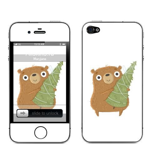 Наклейка на Телефон Apple iPhone 4S, 4 Новогодний Мишка,  купить в Москве – интернет-магазин Allskins, медведь, новый год, персонажи, детские