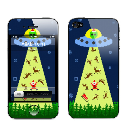 Наклейка на Телефон Apple iPhone 4S, 4 Похищение Санта Клауса,  купить в Москве – интернет-магазин Allskins, инопланетяне, космос, свитер, снег, олень, Санта_Клаус, новый год