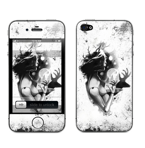 Наклейка на Телефон Apple iPhone 4S, 4 Игра теней,  купить в Москве – интернет-магазин Allskins, черно-белое, иллюстация, художник, акварель, олень, кукла
