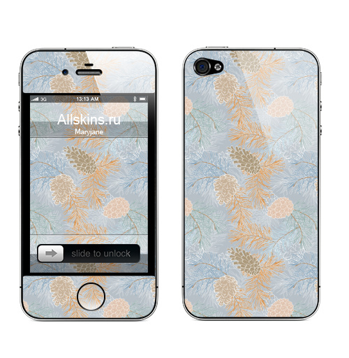 Наклейка на Телефон Apple iPhone 4S, 4 Сосновый лес. Зима. Паттерн,  купить в Москве – интернет-магазин Allskins, сосна, лес, хвоя, шишка, природа, зеленый, растительный, акварель