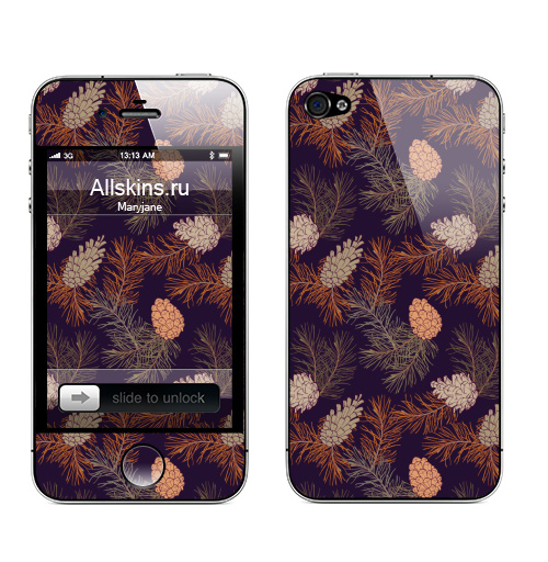 Наклейка на Телефон Apple iPhone 4S, 4 Сосновый лес. Морозная ночь,  купить в Москве – интернет-магазин Allskins, сосна, лес, хвоя, шишка, природа, зеленый, растительный, акварель