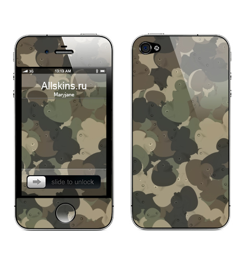 Наклейка на Телефон Apple iPhone 4S, 4 Камуфляж с резиновыми уточками,  купить в Москве – интернет-магазин Allskins, хаки, текстура, военные, паттерн, утка, утенок, игрушки, ванная