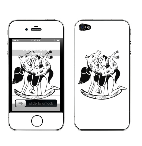 Наклейка на Телефон Apple iPhone 4S, 4 Шиворот навыворот - Задом наперед,  купить в Москве – интернет-магазин Allskins, одноцветный, прикол, девушка, лошадь, графика, черный, художник, точки, сарказм, цинизм