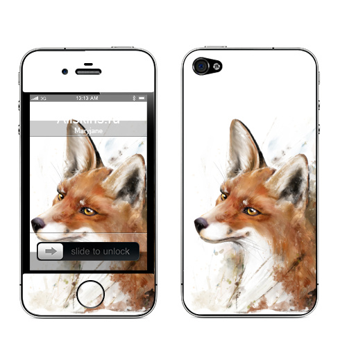 Наклейка на Телефон Apple iPhone 4S, 4 Рыжая лиса,  купить в Москве – интернет-магазин Allskins, лиса, природа, оранжевый, акварель, животные