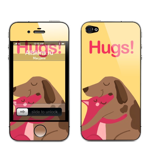 Наклейка на Телефон Apple iPhone 4S, 4 Собаки-Обнимаки,  купить в Москве – интернет-магазин Allskins, любовь, собаки, обнимашки, обьятья
