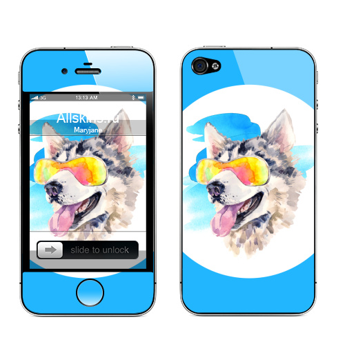 Наклейка на Телефон Apple iPhone 4S, 4 Хаски сноубордист,  купить в Москве – интернет-магазин Allskins, крутые животные, мило, животные, персонажи, собаки, хаски, акварель, детские, соба, милые животные