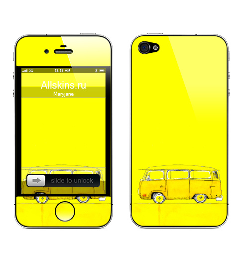 Наклейка на Телефон Apple iPhone 4S, 4 Жёлтый Автобус,  купить в Москве – интернет-магазин Allskins, автомобиль, желтый, хиппи