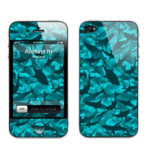 Наклейка на Телефон Apple iPhone 4S, 4 Акулы,  купить в Москве – интернет-магазин Allskins, акула, морская, вода, дайвинг, рыба, рвбалка, камуфляж