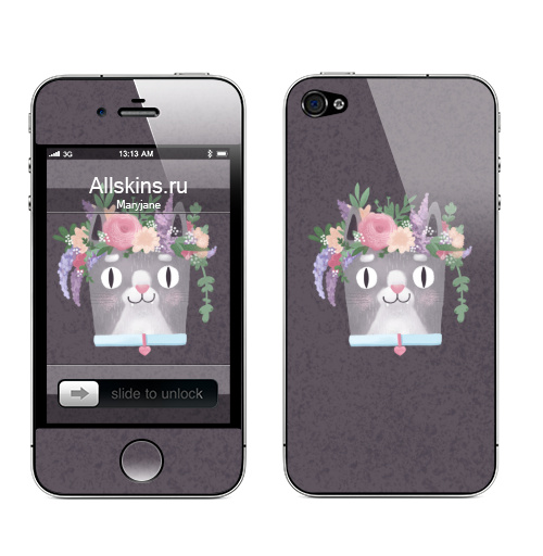 Наклейка на Телефон Apple iPhone 4S, 4 Весенний Кот Перкинс,  купить в Москве – интернет-магазин Allskins, котята, кошка, весна, цветы, венок, мяу, красота, мило