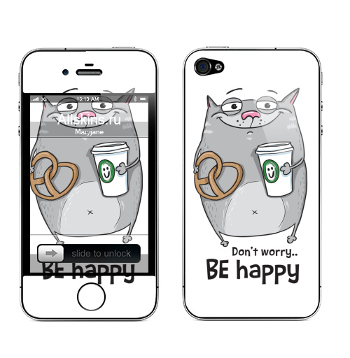 Наклейка на Телефон Apple iPhone 4S, 4 Будь счастлив с серым котом,  купить в Москве – интернет-магазин Allskins, будь, счастлив