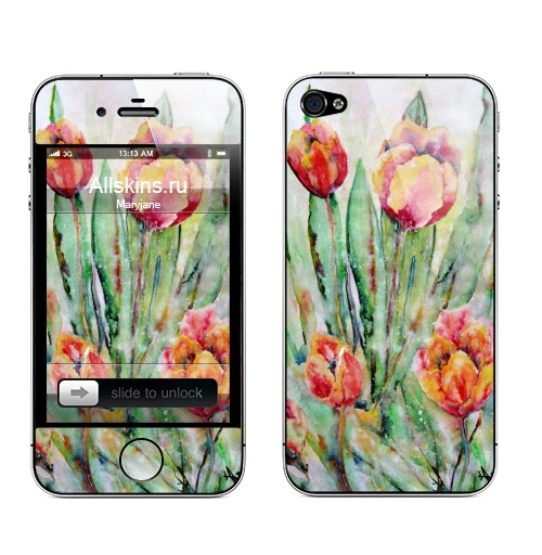 Наклейка на Телефон Apple iPhone 4S, 4 Тюльпаны. Жаркий полдень,  купить в Москве – интернет-магазин Allskins, цветы, акварель, плакат, оригинально, пастельные, тона, нежно, пейзаж
