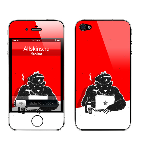 Наклейка на Телефон Apple iPhone 4S, 4 Русский Хакер,  купить в Москве – интернет-магазин Allskins, черно-белое, прикол, интернет, гики, ноутбук, медведь, хакер, Россия