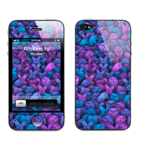 Наклейка на Телефон Apple iPhone 4S, 4 Загадочные совы,  купить в Москве – интернет-магазин Allskins, сиреневый, фиолетовый, синий, толпа, птицы, сова