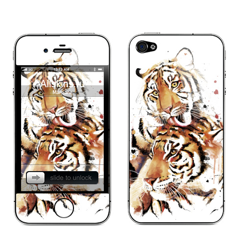 Наклейка на Телефон Apple iPhone 4S, 4 Влюбленные тигры,  купить в Москве – интернет-магазин Allskins, семейные, семья, любовники, сердце, акварель, кошка, любовь, хищник