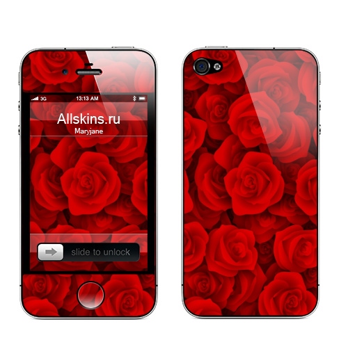 Наклейка на Телефон Apple iPhone 4S, 4 Красные розы,  купить в Москве – интернет-магазин Allskins, цветы, растение, красный, букет, любовь, подарки, паттерн, текстура