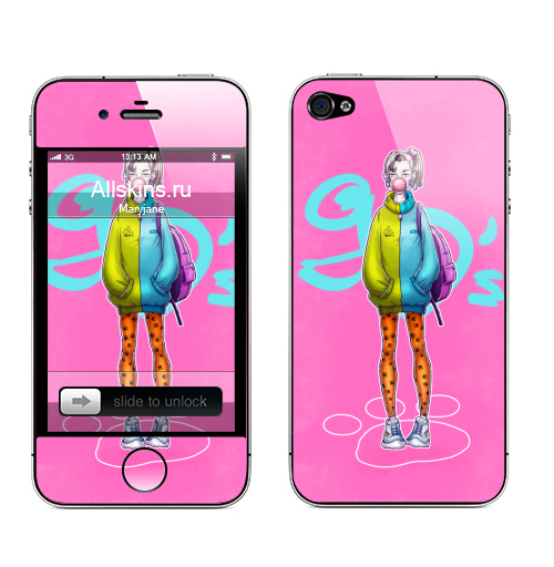 Наклейка на Телефон Apple iPhone 4S, 4 Девяносто второй,  купить в Москве – интернет-магазин Allskins, девушка, ретро, 90-е, 80-е, жевачка, школьница, розовый