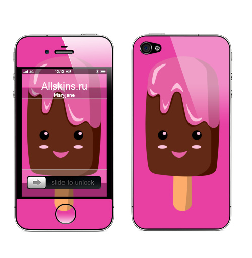 Наклейка на Телефон Apple iPhone 4S, 4 Мороженное няшка по имени Пинки,  купить в Москве – интернет-магазин Allskins, милашка, мило, веселый, десерт, еда, лето, морожена, комиксы, мультфильмы, радость, радостный, мороженое, айскрим, розовый, няшка, няша