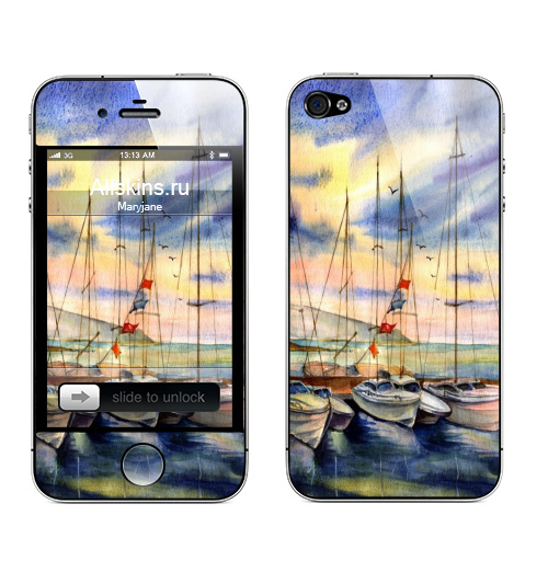 Наклейка на Телефон Apple iPhone 4S, 4 В ожидании грозы,  купить в Москве – интернет-магазин Allskins, акварель, волнение, лодки, морская, любовь