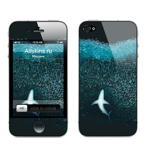 Наклейка на Телефон Apple iPhone 4S, 4 Акула с рыбками,  купить в Москве – интернет-магазин Allskins, акула, морская, рыба, животные, графика, голубой, океаны, глубина, бирюзовый