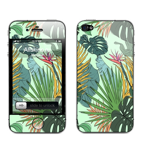 Наклейка на Телефон Apple iPhone 4S, 4 Листья цветы тропики,  купить в Москве – интернет-магазин Allskins, цветы, африка, пальма, жара, зеленый, листья, лето, тропики