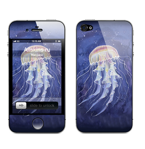 Наклейка на Телефон Apple iPhone 4S, 4 Медуза батик,  купить в Москве – интернет-магазин Allskins, батик, синий, графика, молюск, морская, медуза, роспись, шелку