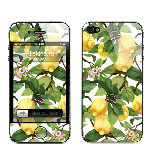 Наклейка на Телефон Apple iPhone 4S, 4 Акварельные лимоны,  купить в Москве – интернет-магазин Allskins, лимон, акварель, компьютернаяакварель, желтый, зеленый, фрукты, цветылимона, цветы