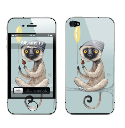 Наклейка на Телефон Apple iPhone 4S, 4 Лемур и мороженое,  купить в Москве – интернет-магазин Allskins, лемур, животные, сифака, обезьяна, мартышка, шапка, кроссовки, воздушныйшарик, желтый