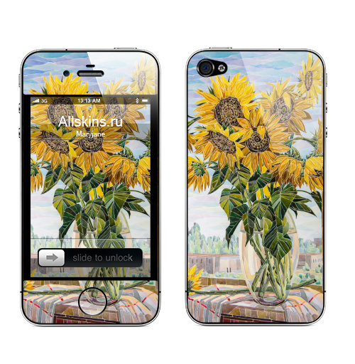 Наклейка на Телефон Apple iPhone 4S, 4 Солнце на окошке,  купить в Москве – интернет-магазин Allskins, ваза, лето, окно, букет, цветы, подсолнухи