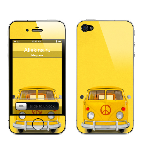 Наклейка на Телефон Apple iPhone 4S, 4 Хиппи Автобус,  купить в Москве – интернет-магазин Allskins, автобус, хиппи, желтый, иллюстация, диджитал, гранж, бохо