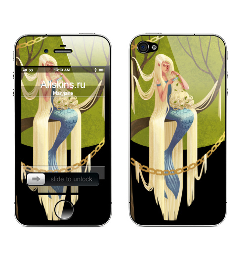 Наклейка на Телефон Apple iPhone 4S, 4 Русалка с длинными волосами,  купить в Москве – интернет-магазин Allskins, лес, природа, растение, зеленый, лето, золото, цепь, сказки, русалка