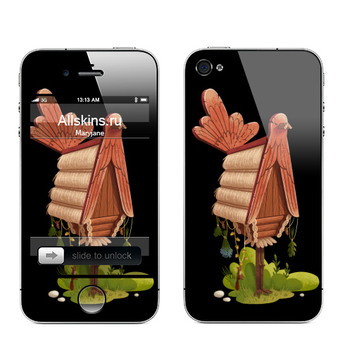 Наклейка на Телефон Apple iPhone 4S, 4 Избушка на курьих ножках,  купить в Москве – интернет-магазин Allskins, природа, лето, сказки, избушка, птицы, домик, дом