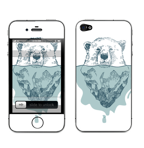 Наклейка на Телефон Apple iPhone 4S, 4 Полярный медведь,  купить в Москве – интернет-магазин Allskins, белый, медведь, полярный, лёд, вода, голубой, бирюзовый, крутые животные